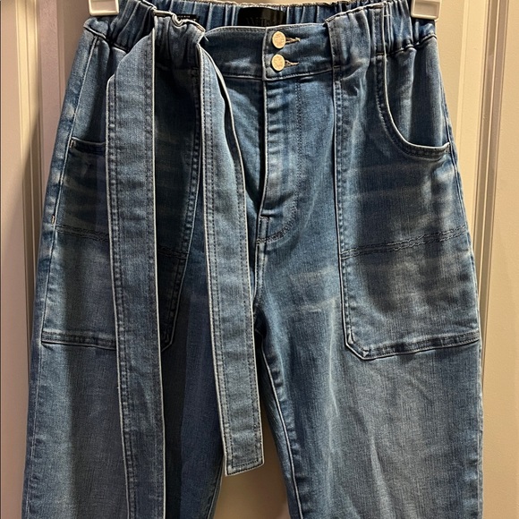 Stylish Blue Denim Straight Leg Everyday Soft with Belt and Tassel Hem. - Picture 3 of 9